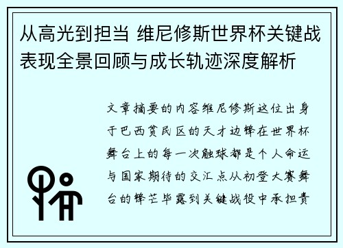 从高光到担当 维尼修斯世界杯关键战表现全景回顾与成长轨迹深度解析