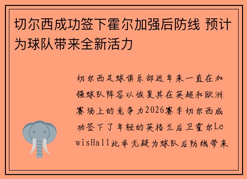 切尔西成功签下霍尔加强后防线 预计为球队带来全新活力